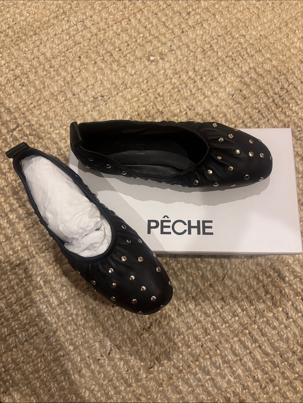 Black Studded Leather Ballet Flats